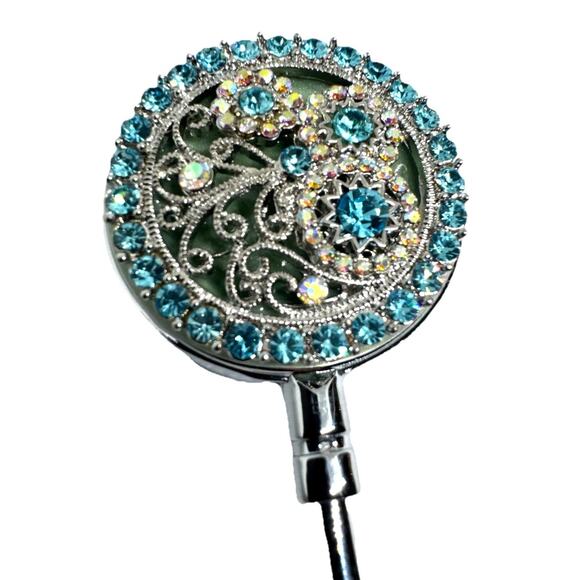 BLING FLORAL PURSE BAG HOOK HOLDER AQUA CRYSTAL FOLDING HANDBAG TABLE HANGER - Picture 3 of 4